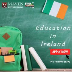 a green backpack sitting on top of a desk next to a chalkboard with the words education in ireland apply now