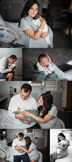 a couple cuddles in bed while holding their newborn baby