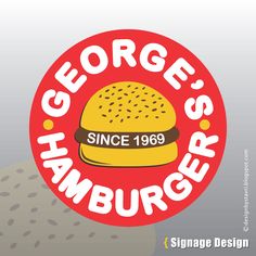 the logo for george's hamburgers is shown in red, white and yellow