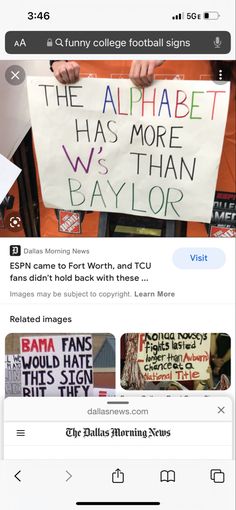 a person holding up a sign that says the alphabet has more than baylors