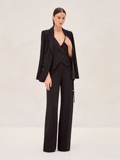 The Rex Pant feature a high-waisted design and a fluid, wide-leg silhouette that exudes effortless elegance. Pair back to the Journey Blazer or Cain Vest for a complete look. Chic Tailored Full-length Pantsuit, Evening High-waisted Pantsuit, Chic Full Length Pantsuit For Evening, Sleek Wide Leg Pants For Evening, Sleek Wide Leg Evening Pants, Modern Full Length Wide Leg Pants For Evening, Modern Wide-leg Evening Pants, Sleek Structured Evening Pantsuit, Sleek High-waisted Dress Pants For Evening