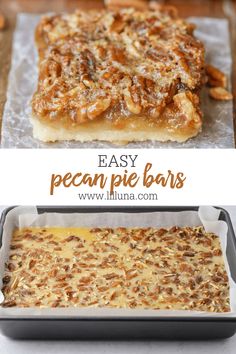 an easy pecan pie bars recipe in a baking pan and then topped with nuts