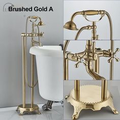 a gold faucet is shown next to a bathtub and stand with a white tub