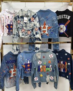 Decorate Jean Jacket Diy, Baseball Mom Jean Jacket, Baseball Jean Jacket Diy, Astros Outfit Woman, Houston Astros Outfit Woman, Diy Sports Team Denim Jacket, Painted Football Jean Jacket, Astros Jean Jacket