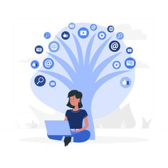 a woman sitting on the floor with a laptop in front of her, surrounded by social icons