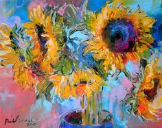 a painting of sunflowers in a blue vase