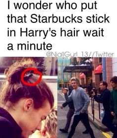 harry potter and her hair is shown with the caption that reads i wonder who put that starbucks stick in harry's hair wait a minute