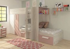 a child's bedroom with a bunk bed, bookcase and storage space for toys