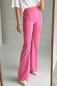 Features: Basic style Sheer: Opaque Material composition: 91% polyester, 9% elastane Care instructions: Machine wash cold. Tumble dry low. Imported Size US Waist Hip Inseam Bottom... Trendy Trouser, Pink Trousers, Flare Trousers, Flared Pants, Cropped Style, Sleek Look