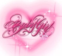 the word baby girl written in cursive writing on a pink heart - shaped background