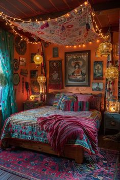 a bedroom decorated in bright colors with lights strung from the ceiling and colorful bedding