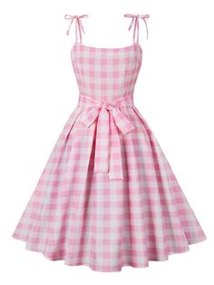 Pink 1950s Spaghetti Strap Plaid Swing Dress | Retro Stage Retro Summer Dress, Pink Plaid Dress, Pink Gingham Dress, Pin Up Vintage, Pink Summer Dress, Date Dresses, Vintage 1950s Dresses, Vestidos Vintage, 1950s Dress