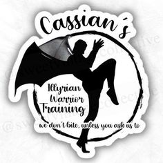 a sticker with the words cassian's and a woman holding an umbrella