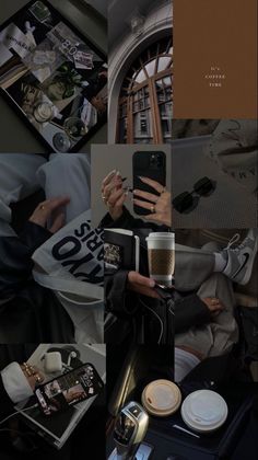 a collage of photos with coffee and other items