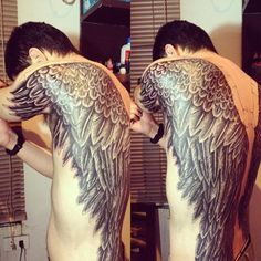 two men with tattoos on their back and arms, one has an angel wing tattoo