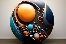 an abstract sculpture with many different colors and shapes on it's surface, including balls