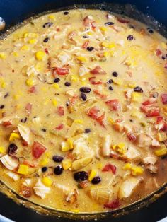 a blue pot filled with chicken, corn and black beans