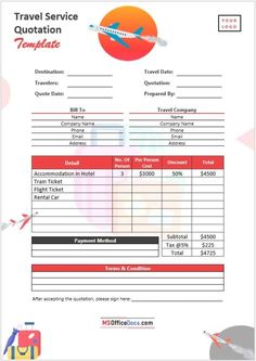 the travel service invoice form is shown with an airplane on top of it