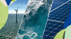 an image of wind turbines in the ocean with blue sky and green water behind them