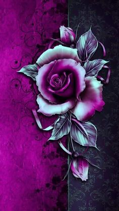 a purple rose with green leaves on it