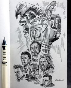 a pencil drawing of some people and a robot