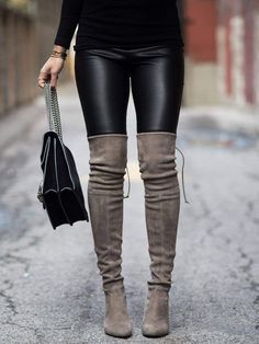 Grey Boots Outfit, Thigh High Boots Outfit, Boots Leggings, Knee Boots Outfit, High Boots Outfit, Hijab Look, Vegan Leather Leggings, Legging Outfits, Grey Boots