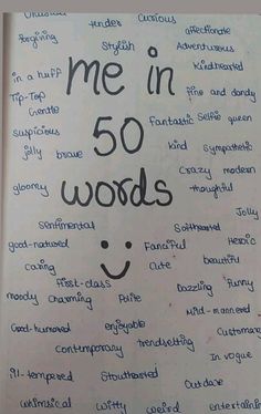 a notebook with writing on it that says me in 50 words