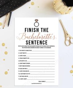 the printable bachelor's sentence game is shown on top of a table with gold confetti