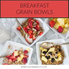 four square plates filled with granola, fruit and yogurt