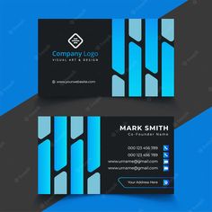 two sided business card with blue and black stripes on the front, side and back