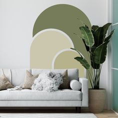 a living room with a couch and potted plant next to it on the wall