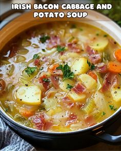 irish bacon cabbage and potato soup in a pot with the title overlay above it