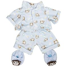 Monkey see, monkey do, now your furry companion can be as chic as you! The blue monkey jammies, with its pockets, classic collar, cuffed sleeves, cuffed pants, and matching monkey slippers, will let your stuffed animal lounge or sleep in style. The fastening Velcro shirt with buttons on top makes it easy to open but still look fun and cozy while the hole in the pants make it versatile for most types of tails. This versatile and soft matching pajama set makes a great gift for those who like their Monkey Pjs, Monkey Pajamas, Vermont Teddy Bears, Bear Clothes, Stylish Loungewear, Blue Monkey, Monkey Pattern, Teddy Bear Clothes, Monkey Print