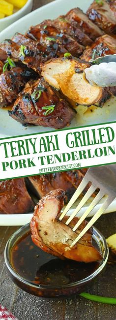 there is a plate with meat on it and the words teriyaki grilled pork tender