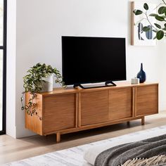 a flat screen tv sitting on top of a wooden entertainment center next to a plant