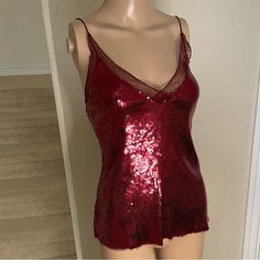 Nwt Sassy In Sequins Camisole With Shimmering Sequins All Over Wine Color, Size Med Mesh Around Neckline And Hem Adds Extra Flair And Detail Great For Parties Or Night Outs Length Without Straps 20.5” Excellent Condition-No Missing Sequins, No Fading This Item Is New With Tags And Unworn Wine Color, Wine Colored, Free People Tops, Night Out, Free People, Mesh, Wine, Tags, Red