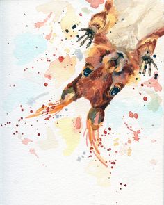 a watercolor painting of a giraffe in flight