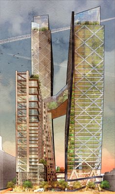 an artistic rendering of two tall buildings with trees growing on the top and bottom floors