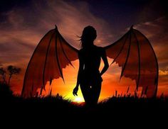 the silhouette of a woman with wings in front of a sunset