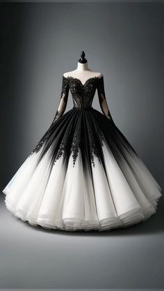 Black And White Ballgown, Black Wedding Dress With White Accents, Gothic Wedding Dress Black And White, White Wedding Dress With Black, Gothic Ballgown Wedding Dress, Wedding Dresses Black And White, Wedding Dresses Black, Black And White Wedding Dresses