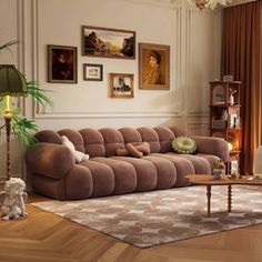 a living room filled with lots of furniture next to a large window covered in curtains