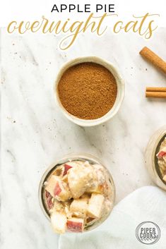 apple pie overnight oats in small bowls with cinnamon sticks and apples on the side