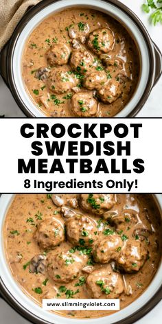 crockpot swedish meatballs with gravy and parsley in a white bowl