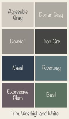 the names of different types of paint colors in each color, from gray to white