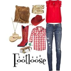 a woman in red shirt, jeans and boots with text that reads footloose