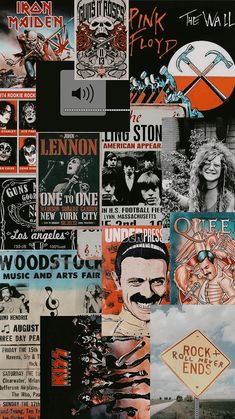 a collage of posters and stickers on a wall