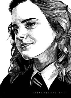 a black and white drawing of a woman's face with long hair, wearing a collared shirt