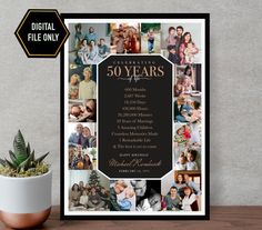 a 50th birthday party poster with photos on it and a potted plant next to it