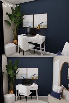 two pictures of a desk and chair in a room with blue walls, white furniture and plants