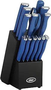 a set of blue knives sitting on top of a black holder